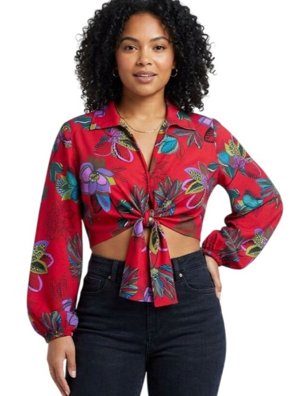 IMAN Red/Multicolor Floral Long Sleeve Tie-Front Crop Top Women's Size 1XP